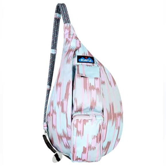 Kavu Handbags - KAVU Rope Sling bag in a light aqua, pink, and brown ikat-style pattern